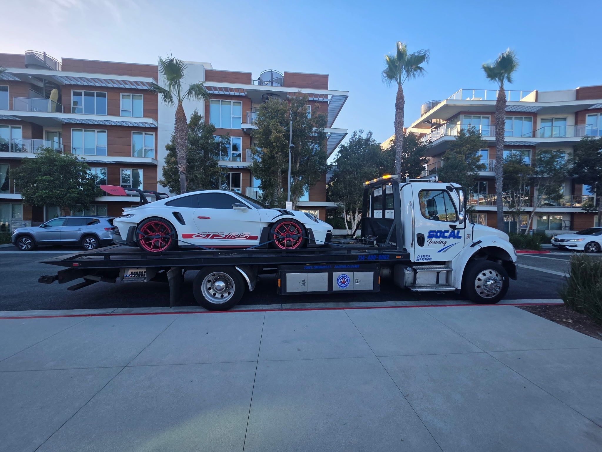 Porsche 911 GT3 RS on a SoCal Towing flatbed