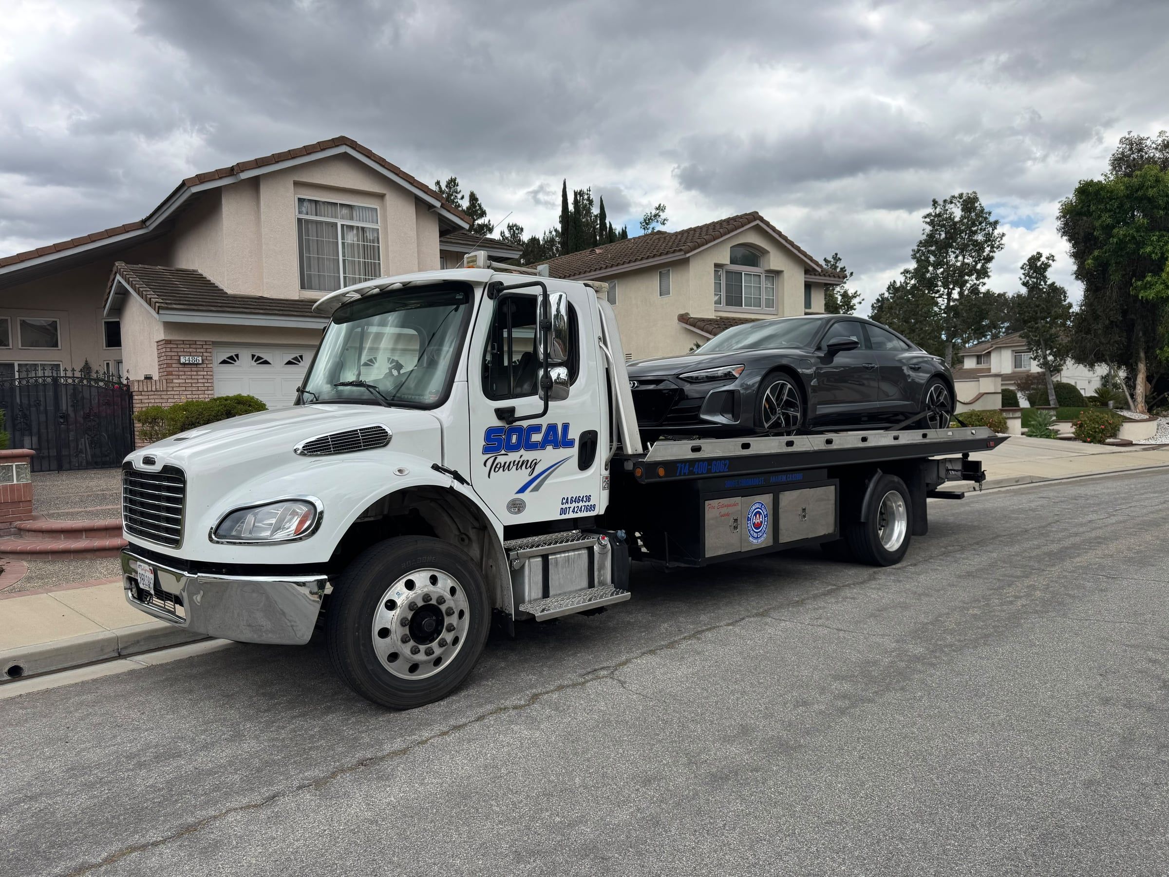 Audi e-tron GT on a SoCal Towing flatbed